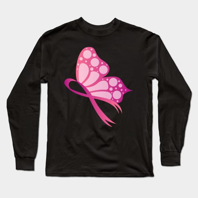 Pink Butterfly Ribbon Breast Cancer Supporter Long Sleeve T-Shirt by ScottsRed